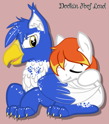 Size: 2397x2725 | Tagged: safe, artist:dookin, oc, oc only, oc:clyne griffon, oc:dookin foof lord, pony, cuddling, cute, demigryph, fluffy, gay, male, oc x oc, shipping