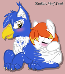 Size: 2397x2725 | Tagged: safe, artist:dookin, oc, oc only, oc:clyne griffon, oc:dookin foof lord, pony, blushing, cuddling, cute, demigryph, fluffy, gay, male, oc x oc, shipping