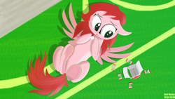 Size: 5120x2880 | Tagged: safe, artist:just rusya, derpibooru import, oc, oc only, pegasus, pony, candy, food, grass, lying, on back, open mouth, solo, spread wings, underhoof, wings