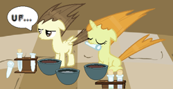 Size: 542x280 | Tagged: safe, artist:shera5, pound cake, pumpkin cake, on your marks, bowl, cake twins, cute, older, spiky hair, spiky mane, test tube, uf