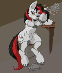 Size: 1147x1338 | Tagged: safe, artist:almar, oc, oc only, oc:blackjack, cyborg, pony, unicorn, fallout equestria, fallout equestria: project horizons, alcohol, bedroom eyes, bottle, drunk, magic, prosthetics, solo, stool, whiskey