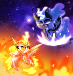 Size: 932x978 | Tagged: safe, artist:snowflakewonder, daybreaker, nightmare moon, pony, a royal problem, chibi, diabreaker, female, filly, fire, flying, gritted teeth, nightmare woon, royal sisters, space, stars, wingding eyes, yin-yang