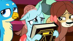 Size: 1280x720 | Tagged: safe, derpibooru import, edit, screencap, gallus, ocellus, yona, a matter of principals, book, cute, diaocelles, pony eyes, pony eyes edit, smiling, smirk