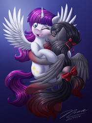 Size: 1024x1365 | Tagged: safe, artist:novaintellus, oc, oc only, oc:cryonagemoon, oc:twily star, alicorn, pony, alicorn oc, bow, duo, eyes closed, kissing