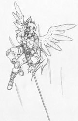 Size: 1732x2696 | Tagged: safe, artist:siegfriednox, derpibooru import, oc, oc:morning glory (project horizons), anthro, pegasus, fallout equestria, fallout equestria: project horizons, combat, flying, grand pegasus enclave, laser, traditional art, weapon