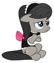 Size: 1292x1516 | Tagged: safe, artist:mrumbrellacorps, shining armor, oc, oc:lowly servant, earth pony, pony, bow, clothes, crying, cutie mark, female, maid, mare, sad, simple background, solo, transparent background, vector