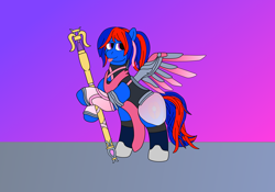 Size: 3840x2688 | Tagged: safe, artist:northern-frost, derpibooru import, oc, oc:glory solaris, pegasus, pony, :p, caduceus staff, female, mare, pink mercy, ponytail, silly, solo, tongue out