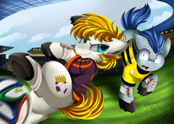 Size: 3518x2509 | Tagged: safe, artist:pridark, derpibooru import, oc, oc only, oc:striker, pony, audience, ball, clothes, commission, duo, football, open mouth, soccer field, sports, stadium, unnamed oc