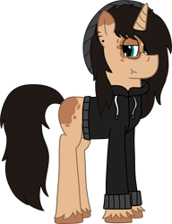 Size: 1763x2300 | Tagged: safe, artist:thefinnyfinnfinn, derpibooru import, oc, oc only, pony, unicorn, clothes, ear piercing, earring, glasses, hoodie, jewelry, piercing, simple background, solo, transparent background