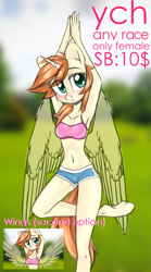 Size: 1221x2200 | Tagged: safe, artist:ohno, derpibooru import, alicorn, anthro, pegasus, unguligrade anthro, unicorn, advertisement, armpits, commission, solo, your character here