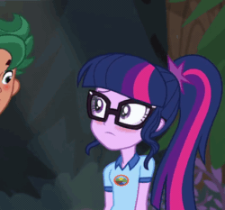Size: 437x408 | Tagged: safe, screencap, sci-twi, timber spruce, twilight sparkle, equestria girls, legend of everfree, animated, blushing, cropped, cute, eye contact, frown, gif, looking at each other, looking down, open mouth, ponytail, smiling, surprised, talking, twiabetes, wide eyes