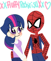 Size: 1024x1229 | Tagged: safe, artist:xxfluffypachirisuxx, derpibooru import, twilight sparkle, human, clothes, crossover shipping, female, humanized, male, shipping, simple background, spider-man, spidertwi, straight, transparent background