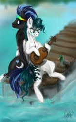 Size: 600x959 | Tagged: safe, artist:black-opal1, oc, oc only, oc:gitara, duck, pegasus, pony, guitar, hoof hold