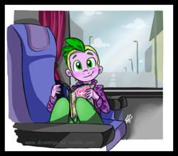 Size: 737x647 | Tagged: safe, artist:vago-xd, spike, fanfic:a school crush, equestria girls, bus, comic book, cute, cute little fangs, equestria girls-ified, fanfic, fanfic art, fangs, human spike, power ponies, solo, spikabetes