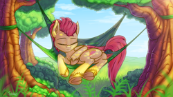 Size: 1366x768 | Tagged: safe, artist:skorpionletun, derpibooru import, oc, oc only, oc:verdant, pegasus, pony, dappled sunlight, dock, female, hammock, mare, sleeping, solo, tree, underhoof, unshorn fetlocks, ych result