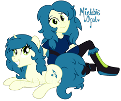 Size: 1583x1318 | Tagged: safe, artist:lannielona, artist:poshpete117, oc, oc only, oc:mintabie opal, pony, unicorn, collaboration, equestria girls, ms paint, prone, self ponidox, simple background, sitting, smiling, solo, square crossover, transparent background, watermark
