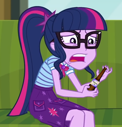 Size: 1178x1226 | Tagged: safe, derpibooru import, edit, edited screencap, screencap, sci-twi, twilight sparkle, better together, equestria girls, text support, text support: sunset shimmer, alcohol, beer, bowtie, clothes, cropped, geode of telekinesis, glasses, magical geodes, open mouth, ponytail, skirt, solo, underaged drinking