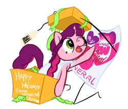 Size: 593x505 | Tagged: safe, artist:obsidiansolitaire, oc, oc only, oc:marker pony, 4chan, boop, christmas, mlpg, present, solo