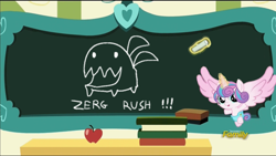 Size: 1280x720 | Tagged: safe, edit, edited screencap, screencap, princess flurry heart, oc, pony, a flurry of emotions, carbot, chalkboard, digital drawing, discovery family logo, exploitable meme, flurry art, flurry heart's chalkboard, meme, solo, starcraft, starcrafts, zerg, zerg rush, zergling