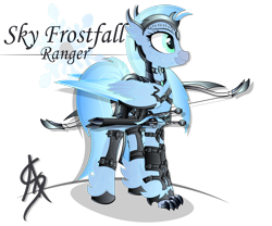 Size: 1600x1328 | Tagged: safe, artist:aleriastarlight, derpibooru import, oc, oc only, oc:sky frostfall, classical hippogriff, hippogriff, pony, armor, badass, bow, clothes, collar, colored wings, cutie mark background, digital art, dungeons and dragons, epic, fantasy class, female, jewelry, leg strap, leggings, mare, ranger, shoes, signature, simple background, solo, text, transparent background, vector, weapon, wingding eyes