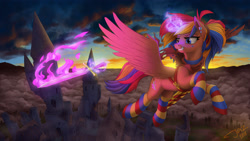 Size: 3000x1688 | Tagged: safe, artist:1jaz, derpibooru import, oc, oc only, oc:rainbow breaker, alicorn, pony, alicorn oc, castle, city, clothes, ear piercing, earring, flaming sword, flying, glowing horn, heterochromia, levitation, magic, piercing, scenery, socks, solo, striped socks, sword, telekinesis, tower, weapon