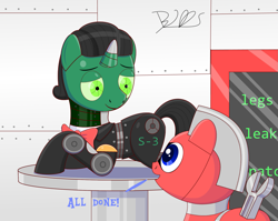 Size: 1783x1422 | Tagged: safe, artist:trackheadtherobopony, derpibooru import, oc, oc:maxwell, oc:trackhead, pony, robot, robot pony, repair bay, screen, signature, text