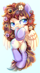 Size: 511x919 | Tagged: safe, artist:cabbage-arts, derpibooru import, oc, oc only, oc:sweet lullaby, pegasus, pony, blue eyes, cute, flower, flower in hair, long mane, mane, on back, simple background, solo, wings