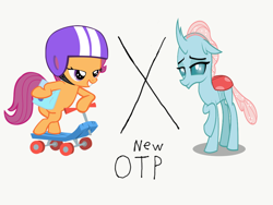 Size: 1024x768 | Tagged: safe, derpibooru import, ocellus, scootaloo, female, helmet, lesbian, saddle bag, scoocellus, scooter, shipping