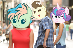 Size: 2500x1667 | Tagged: safe, derpibooru import, edit, coral currents, pound cake, princess flurry heart, the hearth's warming club, distracted boyfriend meme, female, infidelity, male, meme, poundflurry, shipping, straight