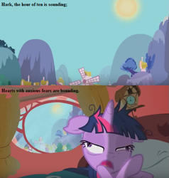 Size: 573x601 | Tagged: safe, edit, edited screencap, screencap, twilight sparkle, lesson zero, cropped, dishevelled, gilbert and sullivan, golden oaks library, lyrics, song reference, text, trial by jury (opera), twilighting, windmill