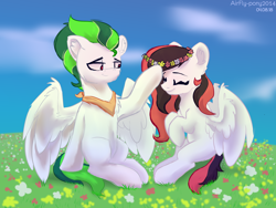 Size: 2000x1500 | Tagged: safe, artist:airfly-pony, derpibooru import, oc, oc only, pegasus, pony, armpits, cloud, female, flower, grass, happy, looking at each other, male, oc x oc, rcf community, shipping, sky, smiling, sunny, wings