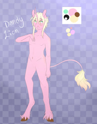 Size: 1280x1630 | Tagged: safe, artist:mint-and-love, oc, oc only, oc:dandy lion, anthro, unguligrade anthro, unicorn, abstract background, featureless crotch, femboy, male, soft boi, solo, unshorn fetlocks