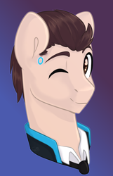 Size: 1284x2000 | Tagged: safe, artist:tigra0118, derpibooru import, pony, android, bust, clothes, connor, crossover, detroit: become human, gradient background, looking at you, male, one eye closed, ponified, portrait, rk800, smiling, solo, stallion, suit, wink