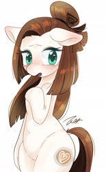 Size: 1270x2048 | Tagged: safe, artist:bbtasu, derpibooru import, oc, oc:nel drip, earth pony, semi-anthro, blushing, cute, female, looking at you, mare, simple background, solo, standing