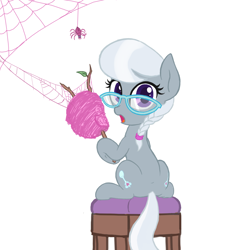 Size: 1500x1500 | Tagged: safe, artist:lemon, silver spoon, spider, both cutie marks, cotton candy, cotton candy spiders, cute, shocked, spider web, twig