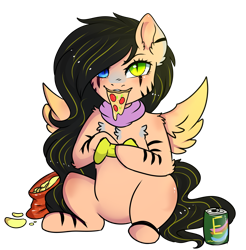 Size: 2473x2513 | Tagged: safe, artist:petergriffinschin, derpibooru import, oc, oc only, bandana, chips, controller, eating, food, meat, pepperoni, pepperoni pizza, pizza, potato chips, simple background, sitting, soda, soda can, solo, spread wings, transparent background, wings