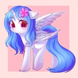 Size: 1080x1080 | Tagged: safe, artist:leafywind, derpibooru import, oc, oc only, alicorn, pony, abstract background, alicorn oc, colored pupils, ear fluff, female, floppy ears, flower, flower in hair, jewelry, looking at you, mare, pendant, raised leg, solo, spread wings, standing, starry eyes, underhoof, wingding eyes, wings