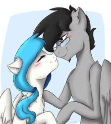 Size: 1280x1431 | Tagged: safe, artist:tavifly, derpibooru import, oc, pegasus, pony, black hair, blue eyes, blue hair, blushing, boop, couple, cute, eyes closed, female, glasses, male, mare, noseboop, nuzzling, oc x oc, romantic, shipping, smiling, straight