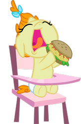 Size: 721x1109 | Tagged: safe, artist:trini-mite, edit, pumpkin cake, pony, baby, baby pony, burger, cute, foal, food, oat burger, oats, open mouth, simple background, transparent background, vector