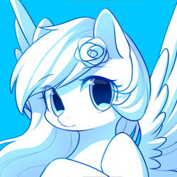 Size: 1000x1000 | Tagged: safe, artist:leafywind, derpibooru import, oc, oc only, pegasus, pony, blue, blue background, bust, female, flower, flower in hair, looking at you, mare, monochrome, simple background, solo, spread wings, white, wings