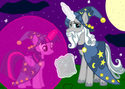 Size: 2000x1414 | Tagged: safe, artist:katya, derpibooru import, star swirl the bearded, twilight sparkle, twilight sparkle (alicorn), alicorn, pony, unicorn, book, cute, duo, female, force field, glowing horn, magic, male, mare, moon, stallion, star swirl the bearded costume, stars, twiabetes