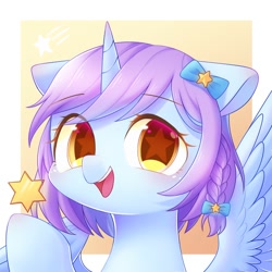 Size: 2000x2000 | Tagged: safe, artist:leafywind, derpibooru import, oc, oc only, alicorn, pony, abstract background, alicorn oc, braid, bust, colored pupils, female, floppy ears, flower, flower in hair, looking at you, mare, open mouth, portrait, raised hoof, smiling, solo, spread wings, starry eyes, stars, wingding eyes, wings