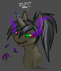 Size: 827x972 | Tagged: safe, artist:felisrandomis, derpibooru import, oc, oc only, oc:mercury shine, pony, unicorn, bust, corrupted, dark magic, flower, magic, sharp teeth, sombra eyes, teeth, text