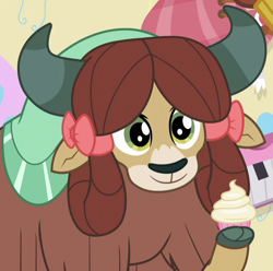 Size: 664x659 | Tagged: safe, derpibooru import, screencap, yona, yak, marks for effort, bow, cloven hooves, cropped, cupcake, cute, female, food, hair bow, monkey swings, solo, yonadorable