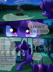 Size: 3624x4899 | Tagged: safe, artist:malajahr, derpibooru import, twilight sparkle, twilight sparkle (alicorn), alicorn, pony, comic:curse and madness, close-up, comic, cultist, dark, female, forest, hooded cape, mare, mlpcam, moon, night, ponyville, stars, text bubbles