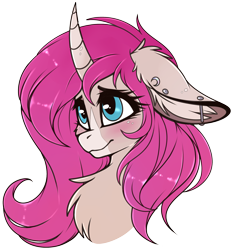 Size: 1833x1965 | Tagged: safe, artist:meggchan, derpibooru import, oc, oc only, oc:tarot, classical unicorn, unicorn, blushing, bust, chest fluff, cute, ear piercing, female, fluffy, freckles, looking up, mare, palomino, piercing, shy, simple background, solo, transparent background