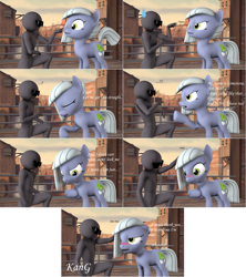 Size: 3848x4342 | Tagged: safe, artist:kmg0047, limestone pie, oc, oc:anon, human, pony, 3d, absurd resolution, blushing, boop, engrish, floppy ears, high res, limetsun pie, petting, sweat, tsundere