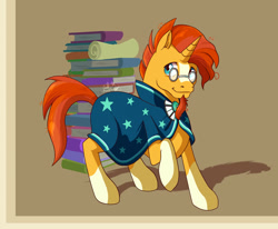 Size: 1700x1400 | Tagged: safe, artist:taledemon, derpibooru import, sunburst, book, cape, clothes, glasses, looking at you, male, scroll, simple background, solo, stallion