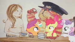 Size: 1500x839 | Tagged: safe, derpibooru import, apple bloom, scootaloo, sweetie belle, cat, mermaid, 1970s, 1974, 70s, bagpuss, cupcake, female, food, male, nipples, nudity, tea