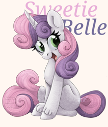 Size: 780x921 | Tagged: safe, artist:dreamline dash, artist:lantoor, artist:rose-in-the-night-team, derpibooru import, sweetie belle, unicorn, collaboration, cute, diasweetes, female, filly, looking at you, simple background, solo, text, weapons-grade cute